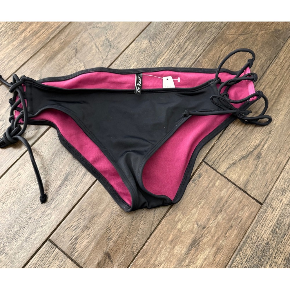 Adore Me Bikini Bottom Women‎ M Black Strappy Lace Up Side Swim Separate NEW